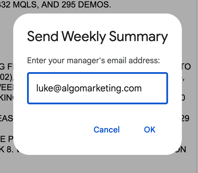 Apps Script modal asking for the manager's email address before drafting the weekly summary