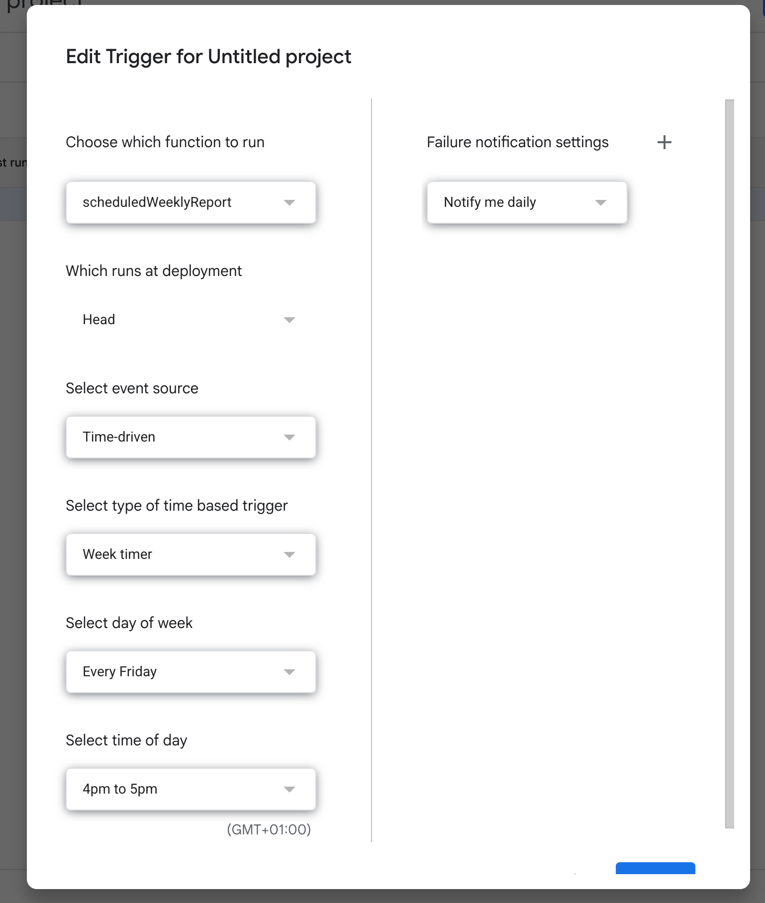 Apps Script Triggers panel showing the scheduled run — week timer, every Friday, 4pm to 5pm